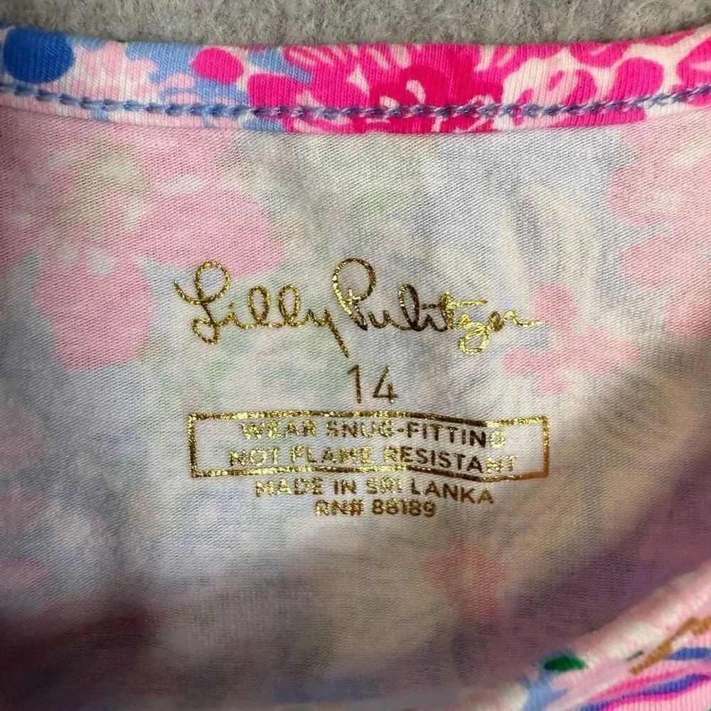 Lilly Pulitzer Girls Size 14 Floral Print Long Sleeve Tee T Shirt Pink Blue
